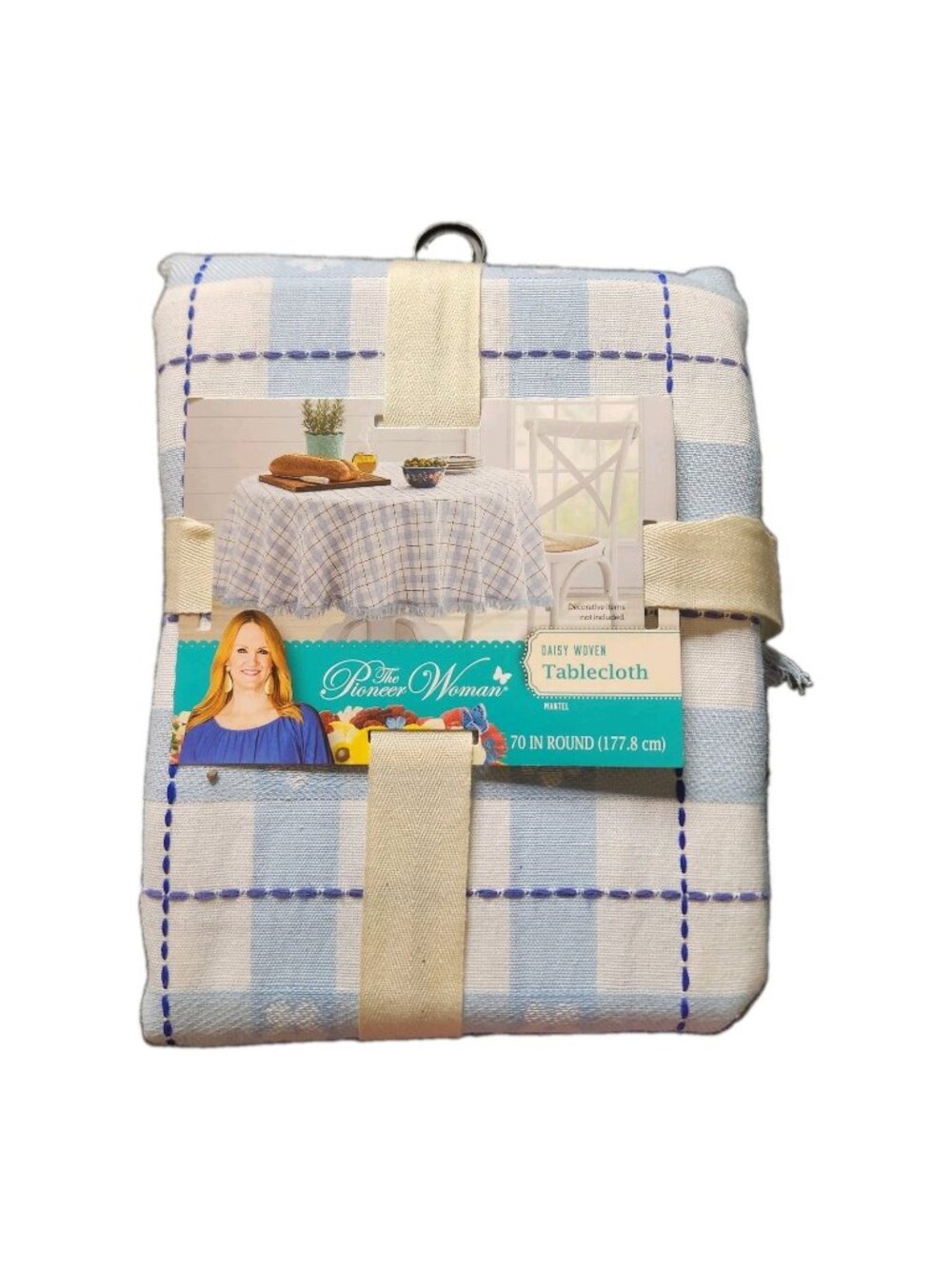 Pioneer Woman Tablecloth Daisy Woven Plaid Fabric 70" Round Blue Cotton Poly